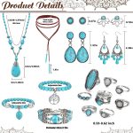 Florideco Bohemian Turquoise Jewelry Set Turquoise Pendant Necklace Turquoise Faux Leather Cuff Bracelet Turquoise Dangle Earrings Vintage Turquoise Knuckle Rings for - Image 6